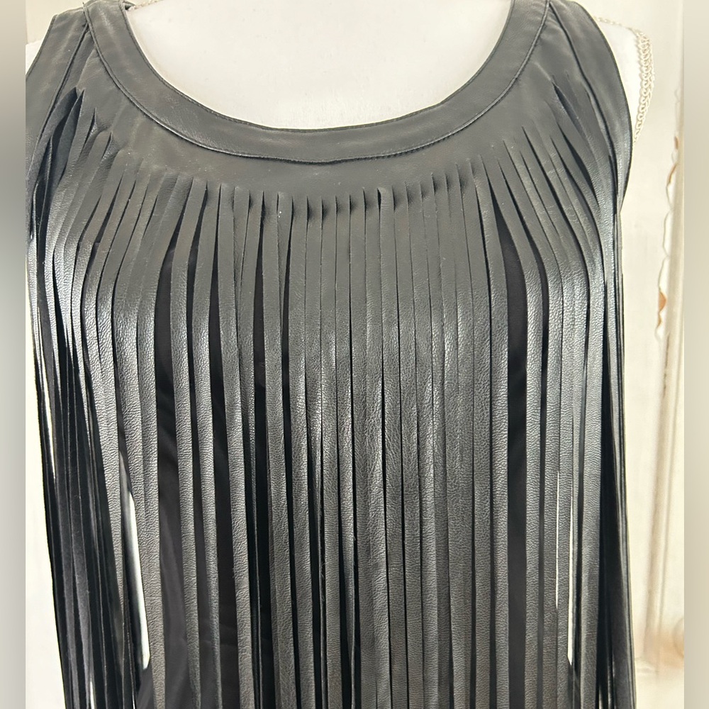 Symphony Bodycon Dress with Faux Leather Fringe Overlay Black size Small EUC - Picture 4 of 7